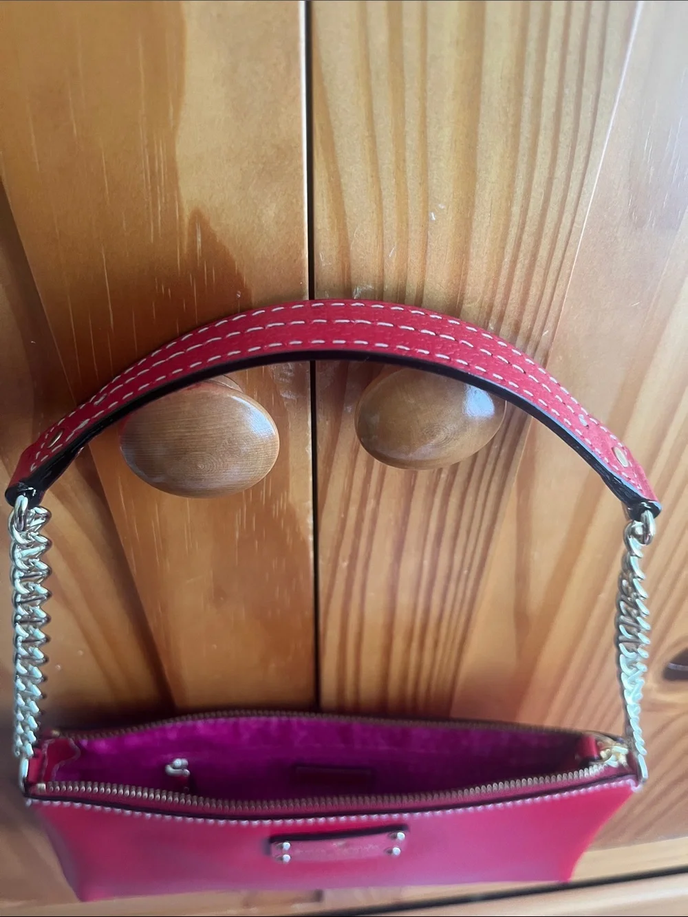 kate spade Red Leather Wristlet Clutch with Gold Chain
